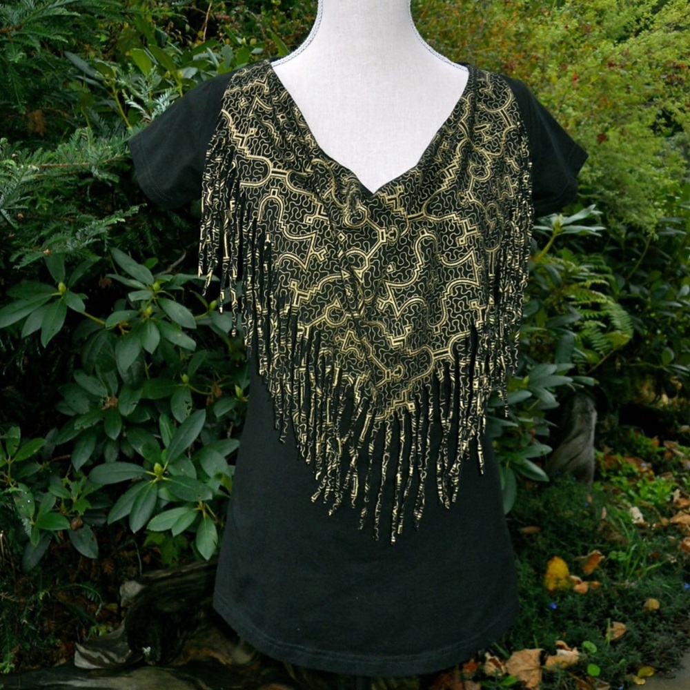 Onanya shipibo Black and Gold Fringe T-shirt L